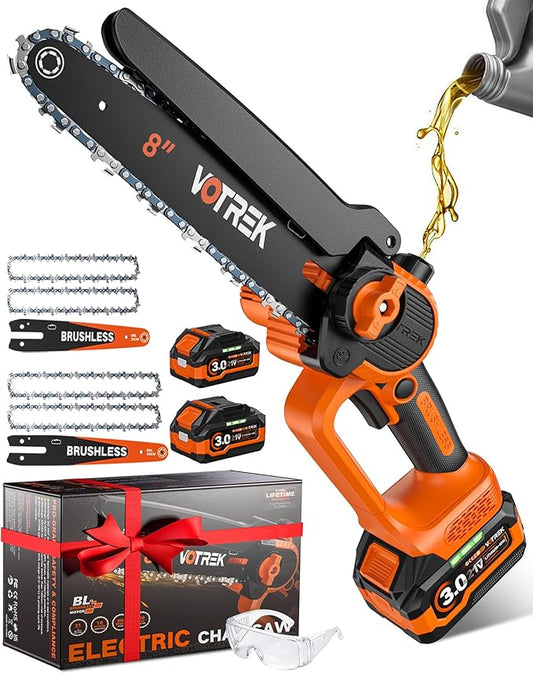 VOTREK [2-in-1] 8" & 6" Chainsaw Cordless with 2x3.0AH Batteries - Powerful Brushless Electric Mini Chain Saw Set (4 Chains& 2 Bars), Christmas Gardening Tools Gifts for Husband Dad Mom Father Men