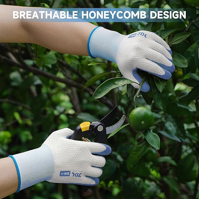 JDL Gardening Gloves for Women, 2 Pairs Breathable Latex Coated Yard Garden Gloves, Rubber Outdoor Protective Work Gloves with Grip, Blue, Small Size