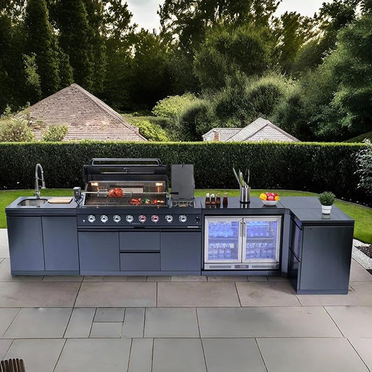 BBQ Grill Island Outdoor Kitchen: Luxury 160 Inch 6-Burner 96000 BTU Stainless Steel Built-in Propane Gas Barbecue Station with Wine Cooler Refrigerator, Rotisserie, Storage Cabinets, Drawers, Sink