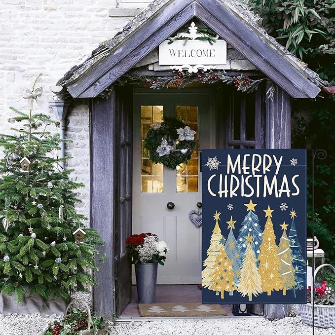 AVOIN colorlife Merry Christmas Garden Flag 12x18 Inch Double Sided Outside, Christmas Trees Winter Holiday Yard Outdoor Flag Blue
