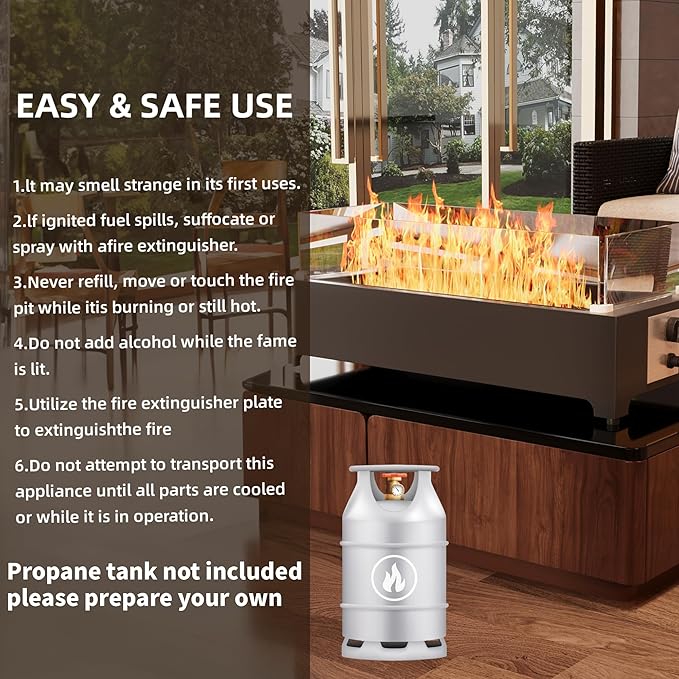 Tabletop Propane Fire Pit - 31.5 in, 40,000 BTU Rectangle Table top Fire Pit, Bowl w/Wind Glass Shield & Crystal Stone, Suitable for Outdoor, Patio, Balcony, Black