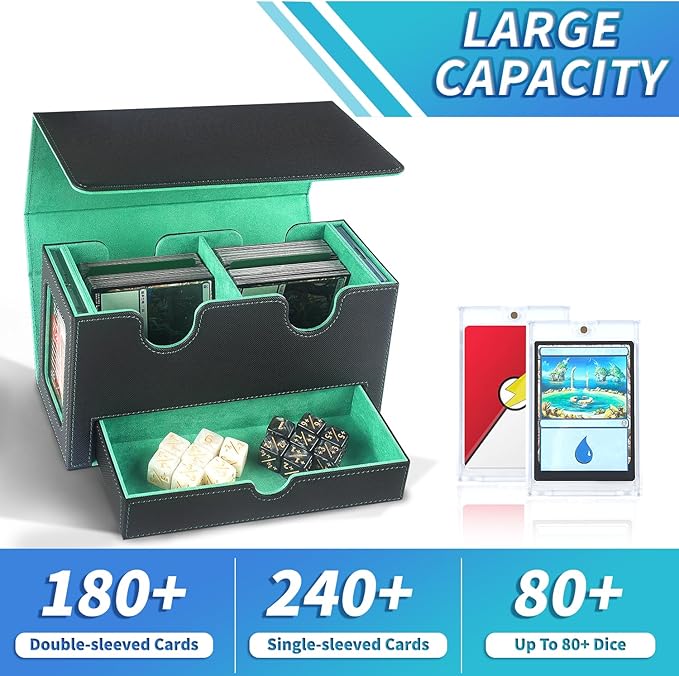 MTG Deck Box with 2 Commander Display,Commder Deck Box Fits 310+ Cards，with Dice Tray,Leather Magnetic,Fits for TCG CCG Magic Cards (Black Green)