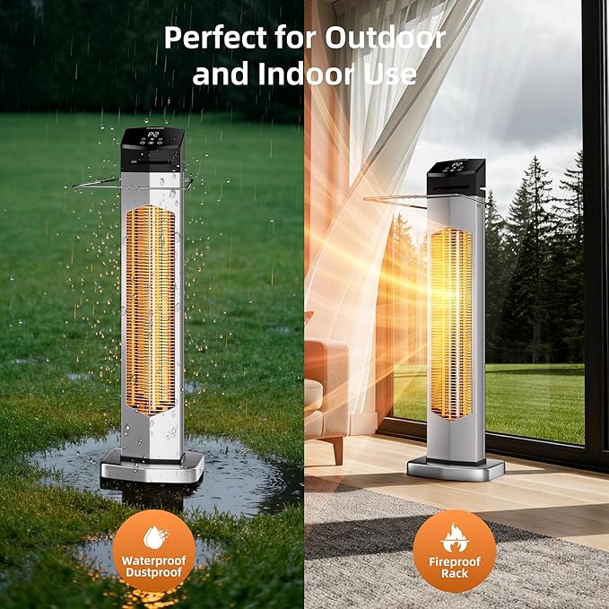 Outdoor Heaters for Patio, Electric Patio Heater with Remote, 12H Timer, IPX5 Waterproof, Tip-Over & Overheat Protection, Infrared Space Heater for Indoor, Porch, Garage, Large Room, Sliver