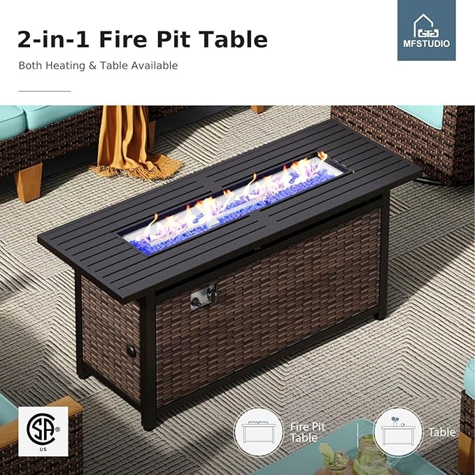 MFSTUDIO 11 Pieces Wicker Patio Furniture Set with 56" Fire Pit Table, Rattan Outdoor Half-Moon Sectional Sofa Patio Conversation Sets, 4 x Curved Sofa, 4 x Armless Couch, 2 x Ottoman(Aqua Blue)