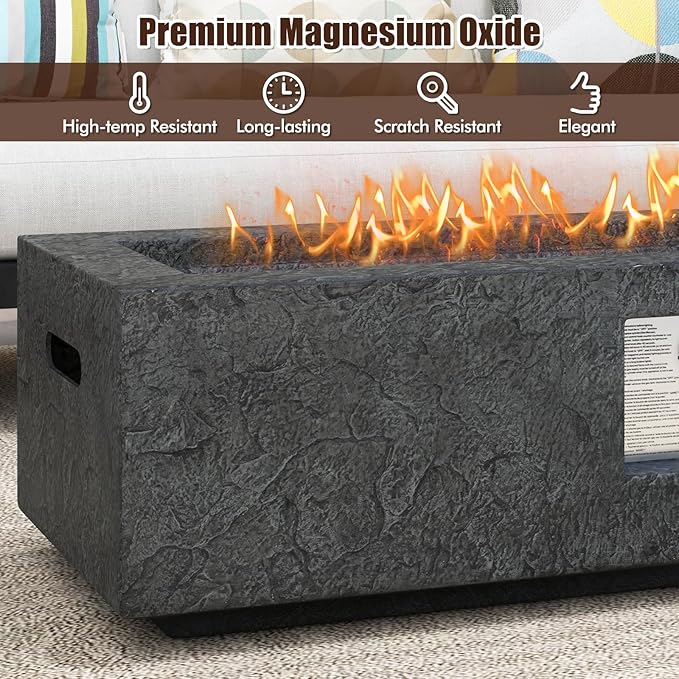 Tangkula 42.5 Inches Outdoor Propane Fire Pit Table, 50,000 BTU Rectangular Magnesium Oxide Gas Firepit with Stainless Steel Burner, Lava Rock and Protective Cover