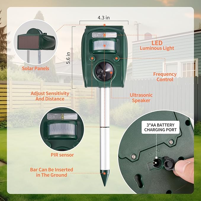 CIIC Upgraded Solar Ultrasonic Animal Repellent Devices Motion Detection 5 Adjustable Modes, Deer Cat Squirrel Raccoon Rabbit Dog Repellent Deterrent with LED Waterproof Flash Lights for Yard, Farm