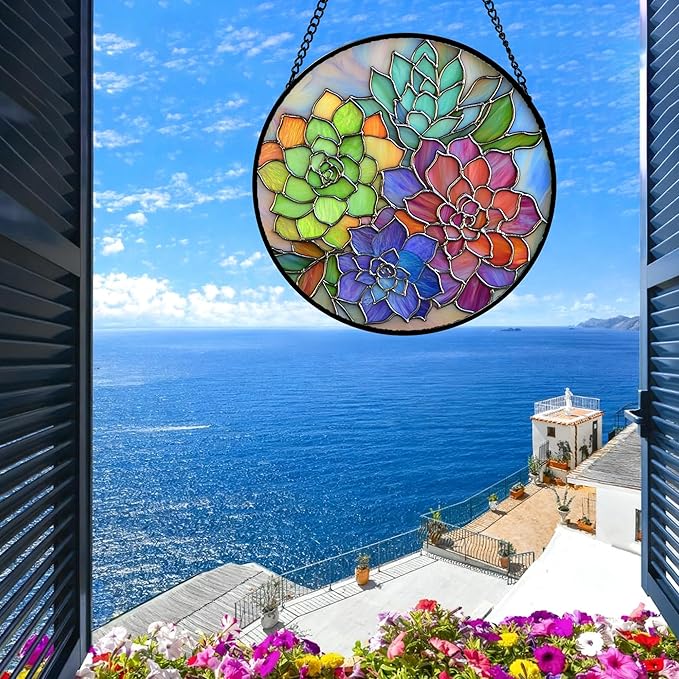 QZQCBLC Stained Glass Window Hanging Colorful Succulents 6.3" - Flowers Suncatcher Door Garden Sun Catcher Home Decor Birthday Christmas for Mom Men Woman Friends Nana Wife