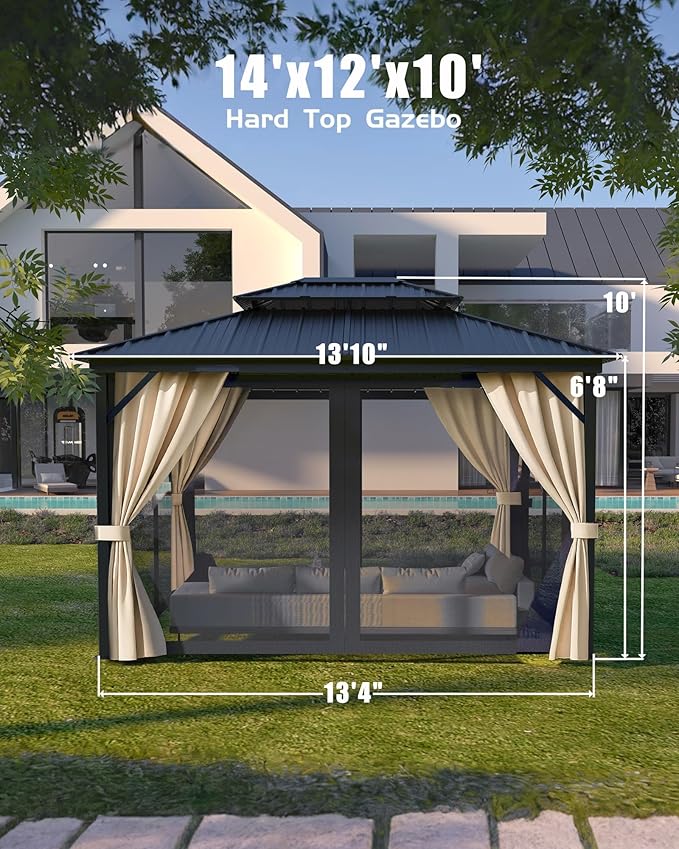 GarveeLife Hardtop Gazebo 12 ft x14 ft for All Weather, with Double Metal Roof, Aluminum Alloy Frame, Net, and Curtain, Permanent Building for Patio, Deck, Backyard, Lawn, and Garden