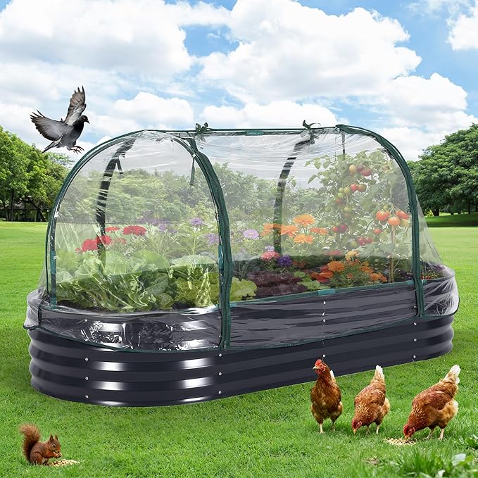 Oval Galvanized Raised Garden Bed Kit with Zippered PVC Cover, Easy Assembly, Thick Metal Outdoor Planter Box for Vegetables, Flowers, Patio Gardening, Grey