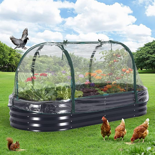 Oval Galvanized Raised Garden Bed Kit with Zippered PVC Cover, Easy Assembly, Thick Metal Outdoor Planter Box for Vegetables, Flowers, Patio Gardening, Grey
