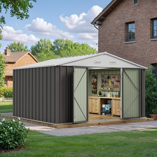 JUMMICO 8 x 10 FT Outdoor Storage Shed, Large Metal Garden Shed & Tool Sheds for Backyard Garden Patio Lawn (Grey)