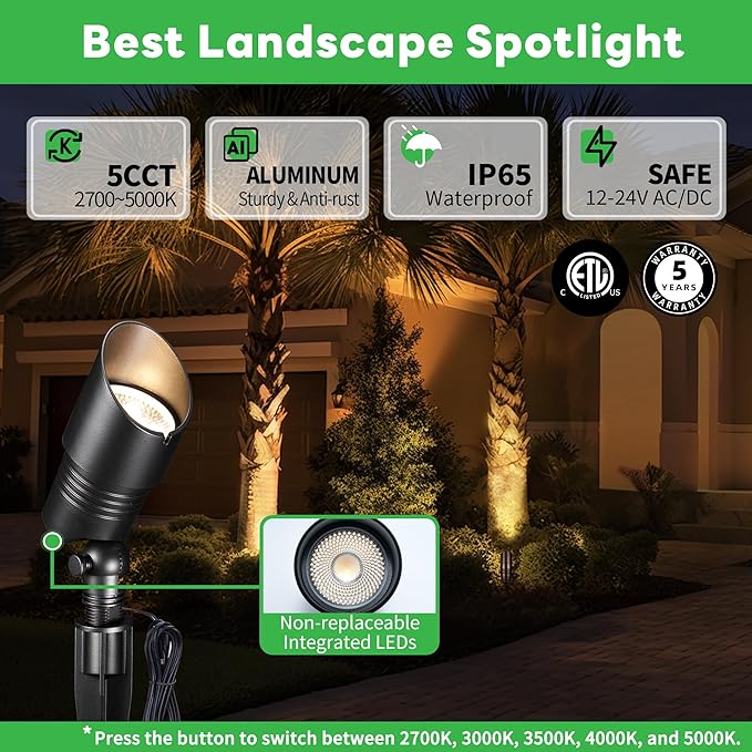 Varmtalys Landscape Spotlight - Soft & Natural White Selectable Setting Up Lights, Outdoor Low Voltage Spot Lights, LED 12V Wired Waterproof Aluminum, Black for Garden Patio Wall 6 Pack