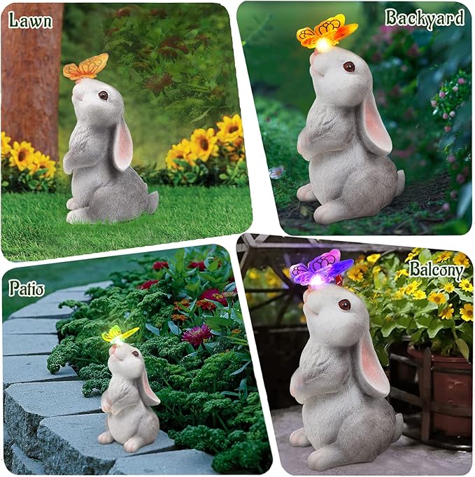 PaLuQiYa Garden Statue Outdoor Decor-Rabbit with Solar Butterfly Changing Lights Garden Statues,Bunny Statue for Patio,Balcony,Yard,Lawn Ornament,Gardening Gifts for Mom Grandma