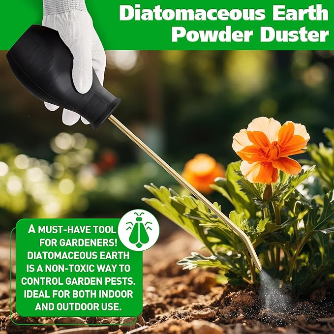 Qualirey Diatomaceous Earth Powder Duster, Garden Powder Applicator Dispenser with Long Metal Tube, Bulb Duster Sprayer Insect Duster for Home Powder for Organic Gardening Agricultural Supply (1 Pack)
