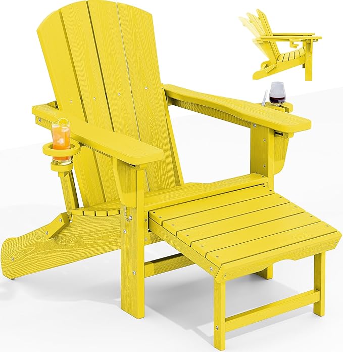 KINGYES Folding Adjustable Adirondack Chair with Ottoman & 2 Cup Holders, HDEP Multifunctional Adirondack Chair with Footrest, Yellow