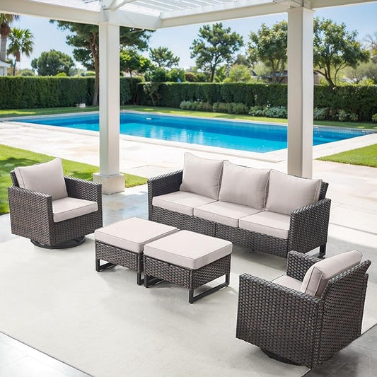 5 Piece Wicker Patio Furniture Set - Outdoor Swivel Rocker Chairs Set with 3 Seat Sofa and Ottomans, Small Patio Conversation Sets Proch Furniture for Balcony Deck - Brown/Beige