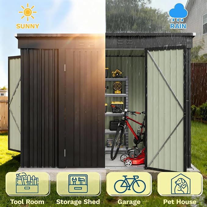Patiowell 8x4 FT, Outdoor Storage Shed, Heavy Duty Tool Storage Sheds with 3 Lockable Doors and Updated Frame Structure for Backyard Patio Lawn, Black