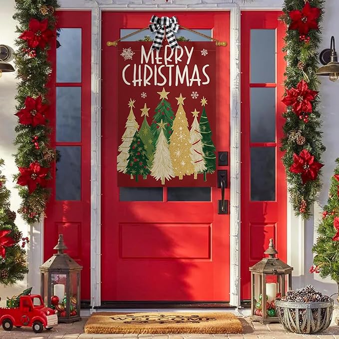 AVOIN colorlife Merry Christmas House Flag 28x40 Inch Double Sided Outside, Christmas Trees Winter Holiday Yard Outdoor Flag Red