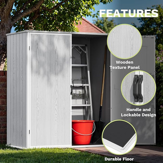 Devoko 5 x 3 Resin Outdoor Storage Shed with Floor - Waterproof Plastic Outdoor Tool Cabinet with Lockable Doors for Patio Furniture, Pool Accessories, Garden Tools (Light Gray)