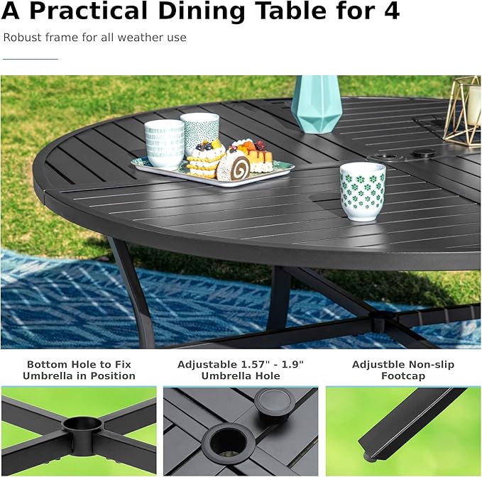 MFSTUDIO 5 PCS Patio Dining Set with 42” Round Metal Table and 4 Pieces Padded Extra Large Sling Chairs, Umbrella Hole, Outdoor Furniture for 4