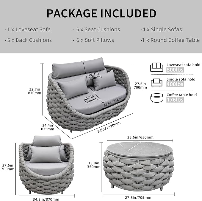 TWT Aluminum Outdoor Patio Furniture Set with Coffee Table, 6 Piece Patio Conversation Sets with Washable Cushions Covers, Patio Sectional Furniture Set for Porch, Balcony, Deck, Yard, Light Grey