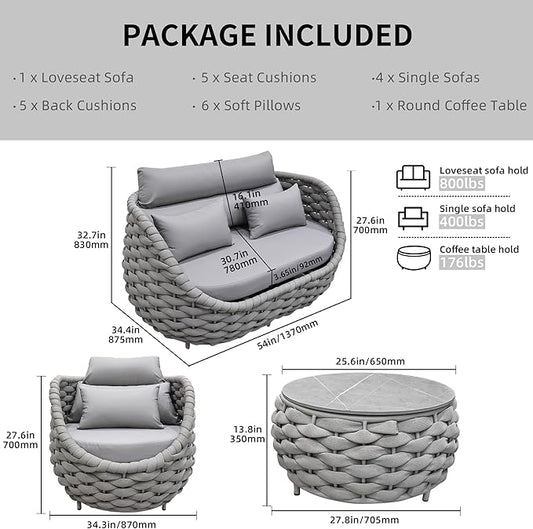 TWT Aluminum Outdoor Patio Furniture Set with Coffee Table, 6 Piece Patio Conversation Sets with Washable Cushions Covers, Patio Sectional Furniture Set for Porch, Balcony, Deck, Yard, Light Grey