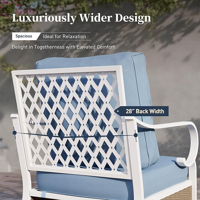 4 Piece Metal Outdoor Patio Furniture Set, Patio Conversation Sets with 3-Seater Sofa, 2 Swivel Chairs and Coffee Table, White Frame Outdoor Seating Furniture for Bavkyard, Blue