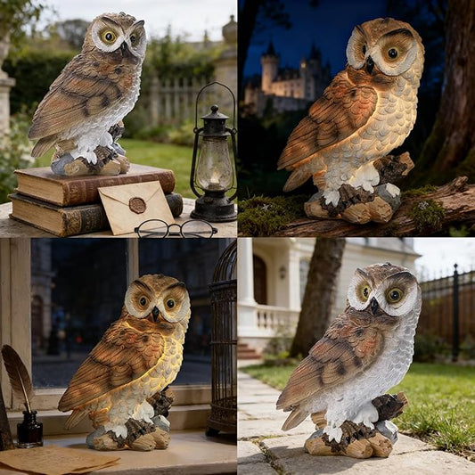 Ayadon Solar Owl Garden Outdoor Statue,Owl Figurine Sculpture with LED Lights for Porch Patio Lawn Yard Deck Decor - Ideal Housewarming Christmas Gift for Women Men Owl Lover(Brown)