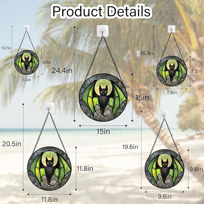 CRISGIF Stained Glass Window Hanging - Halloween Black Bat Green Wings Monster Suncatcher for Doors Garden Home Spooky Sun Catchers Gothic Decor Horror Gift for Women Men Friend Boy Girl 6.3 in