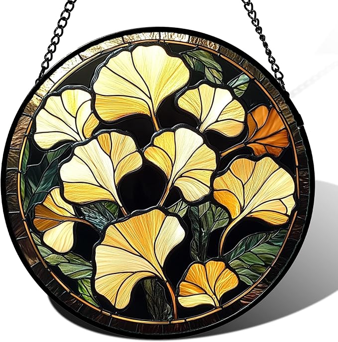 CRISGIF Stained Glass Window Hanging - Ginkgo Leaf Suncatcher for Doors Garden Patio Retro Fall Decor Sun Catchers Christmas Mother's Day Birthday Gifts for Women Men Mom Nana Friend 6.3 in
