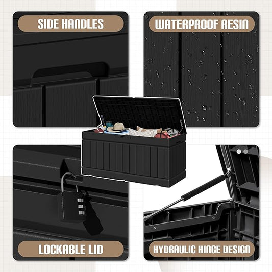 JUMMICO 78 Gallon Outdoor Deck Box Large Resin Storage Box for Patio Furniture Cushions and Garden Tools (Black)