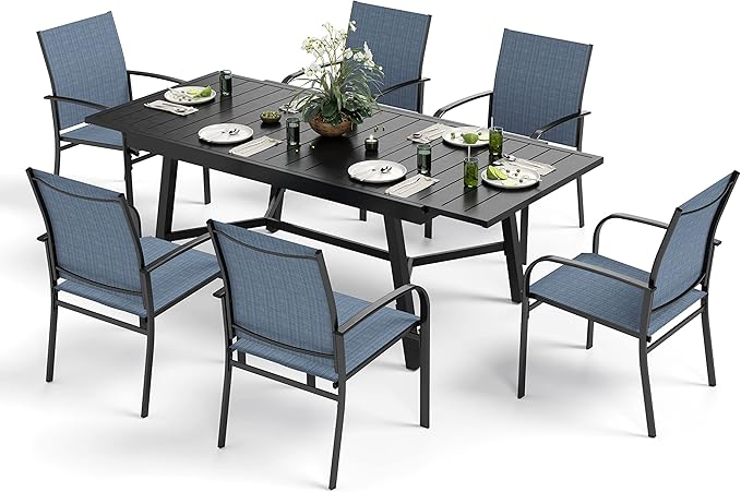 7 Pieces Patio Table and Chairs Set, Patio Dining Set for 6, 6 Textilene Chairs and 1 Expandable Patio Dining Table with Umbrella Hole, for Deck Backyard Lawn Poolside, Blue
