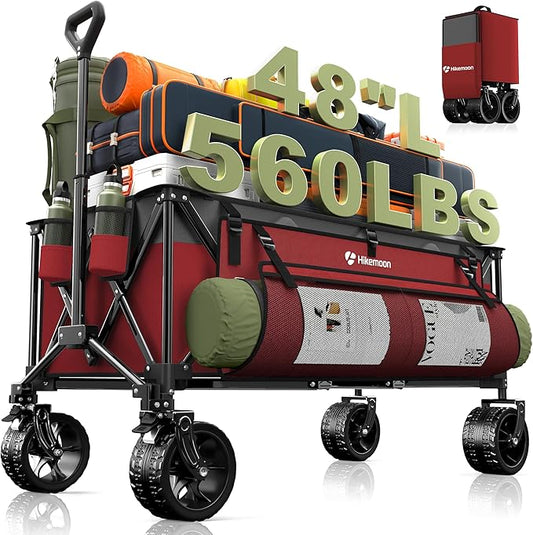 300L Extra Large Wagons Carts Foldable, 560LBS Heavy Duty Collapsible Beach Wagon 48" Long with Big All-Terrain Wheels, Utility Folding Cart for Camping, Grocery, Sports, Garden, Red & Grey