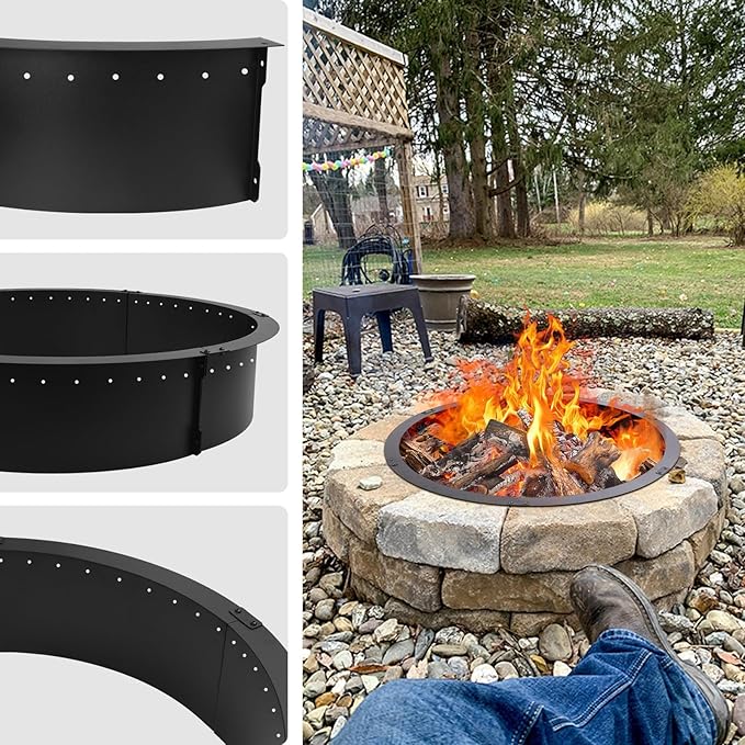52 inch Fire Pit Ring,Large Round Insert Firepit for Outdoor Fire Liner smokeless fire Pit Metal Campfire Ring 52-Inch Outer/48-Inch Inner Diameter Above or In-Ground, Black