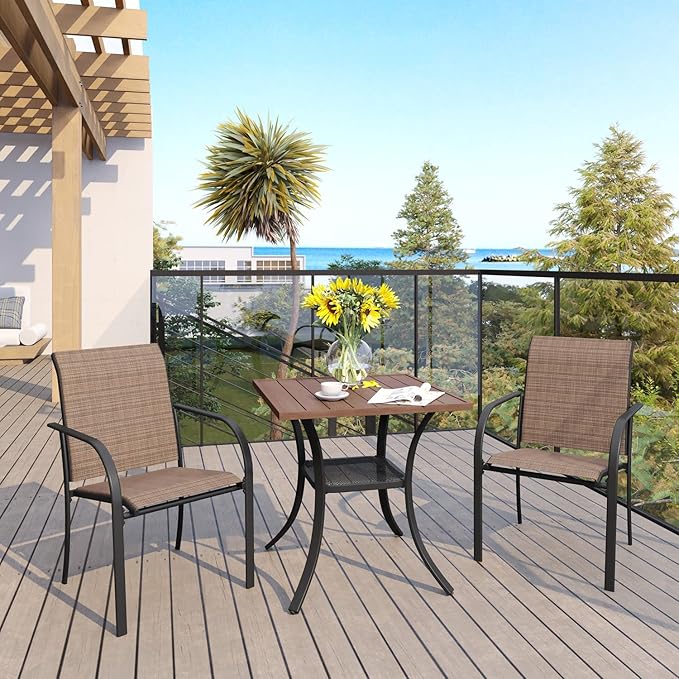 VICLLAX Small Square Outdoor Patio Table, All Weather Metal Outdoor Dining Table for Lawn Garden, 27.5"x 27.5" Patio Table for Outside, Walnut Tabletop