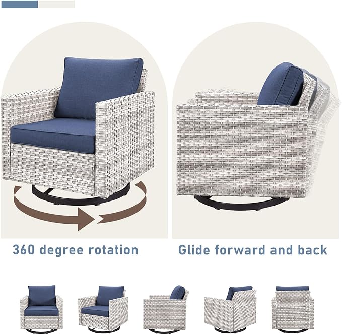 Outdoor Rocker Chairs - Patio Swivel Chair Set, Two Wicker Chairs with One Side Table, Light Grey/Blue
