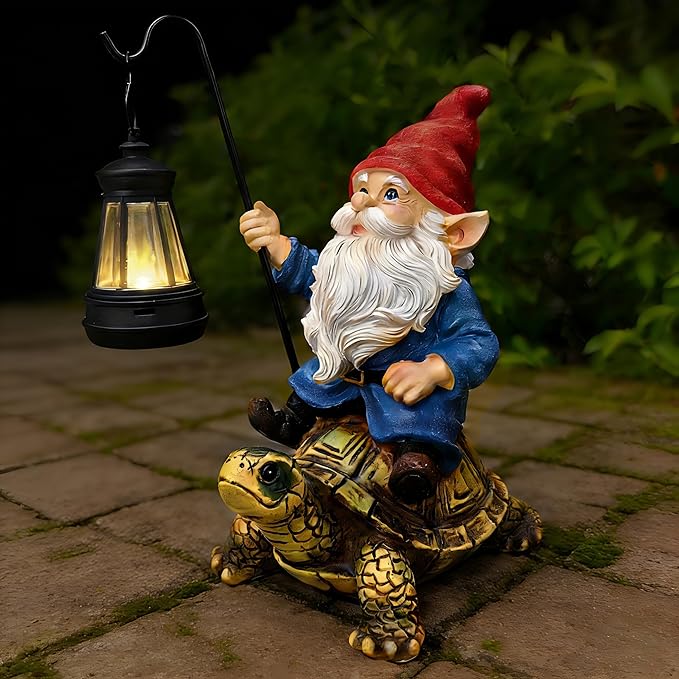 Garden Gnome Statue - Riding Turtle Outdoor Garden Statue Decorations with Solar LED Lights, 7.9" Figurine Ornament for Patio, Yard, Funny Lawn Decor Valentine's Day Gifts for Her, Wife, Sister