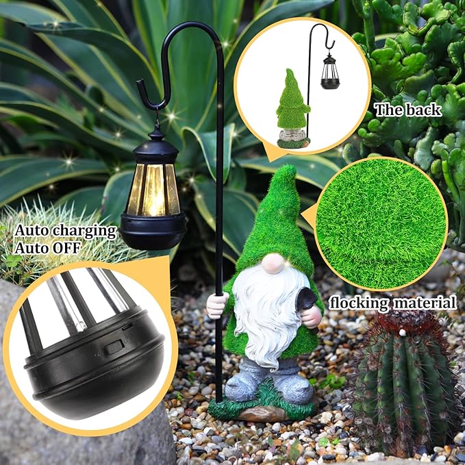VChymm Flocked Solar Garden Gnomes Outdoor Statues 15.8”Outdoor Garden Decor LED Outdoor Decor Light Unique Housewarming Gifts Yard Art Sculptures for Patio Lawn Ornaments