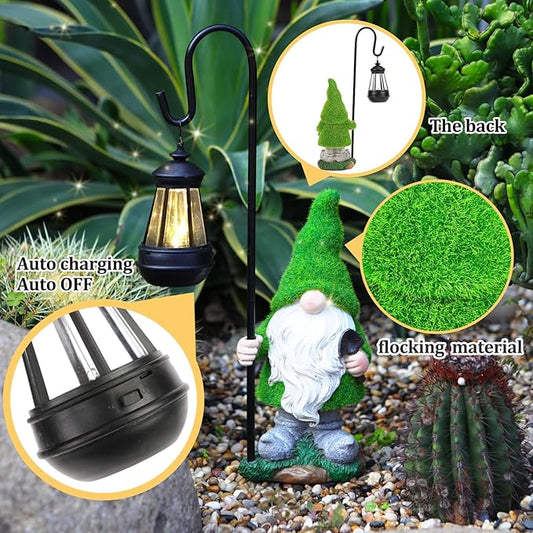 Flocked Garden Gnome Statue with Solar LED Light, Large Funny Fairy Gnomes Figurines with Solar Lantern, Outdoor Fall Decorations for Yard Lawn, Tall 15.8 Inch