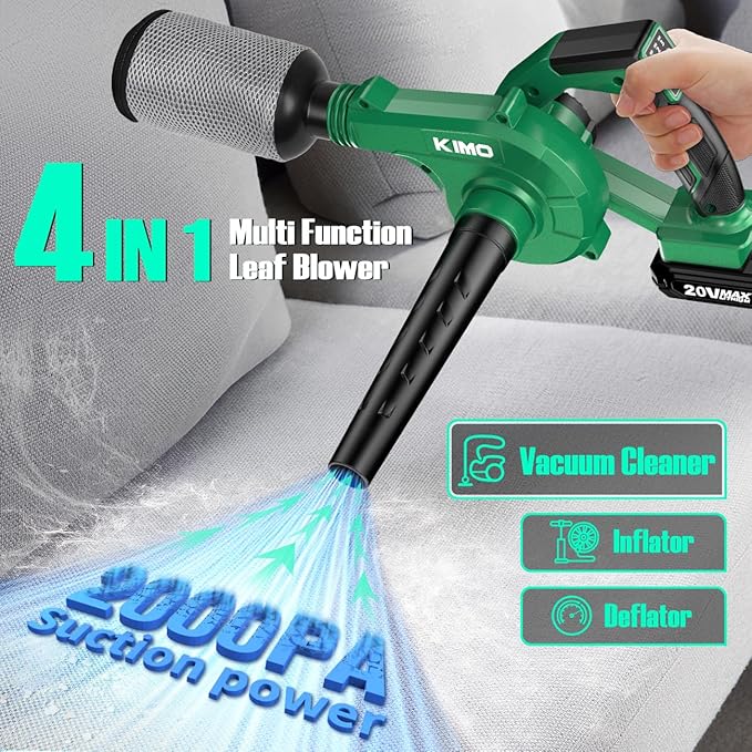 K I M O. Cordless Leaf Blower and Vacuum Combo 4 In 1, 3 Nozzles for Inflation and Deflation, 190MPH/260CFM, Smart Panel with 3 Modes, 20" Extended Tube, 2000mAh Battery Cordless Blowers for Lawn Care