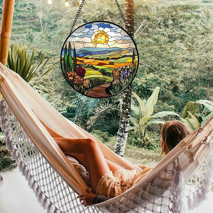 QZQCBLC Stained Glass Window Hanging Sunset Field Wildflower Landscape 7.8" - Suncatcher Door Garden Sun Catcher Home Decor Birthday Christmas for Mom Men Woman Nana Friend