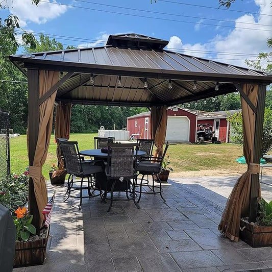 Domi 10'x10' Hardtop Gazebo Canopy,Outdoor Metal Gazebo with Galvanized Steel Double Roof,Curtain and Netting,Permanent Gazebos Pavilion for Patio Deck,Backyard