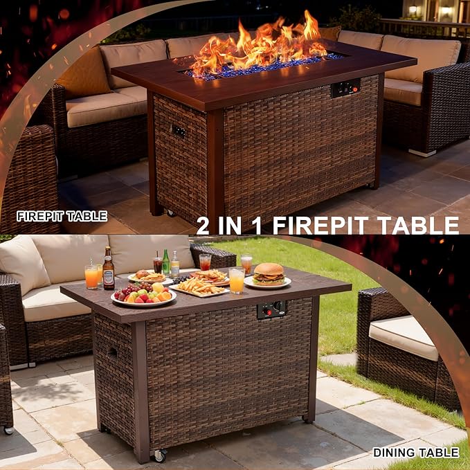 42 Inch Propane Fire Pit Table, 50,000 BTU Outdoor Gas Fire Pits with Removable Lid, 2 in 1 Rectangular Firepit Table for Outside Patio Deck and Garden