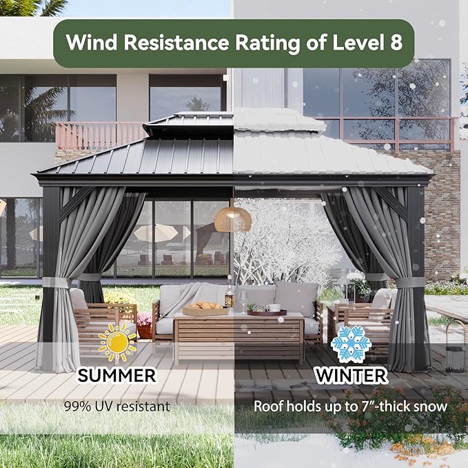 Aoxun 10' X 14' Hardtop Gazebo with Drainage System, Aluminum Outdoor Gazebo with Galvanized Steel Double Roof, Patio Permanent Metal Pavilion with Netting, for Garden, Deck, Grey