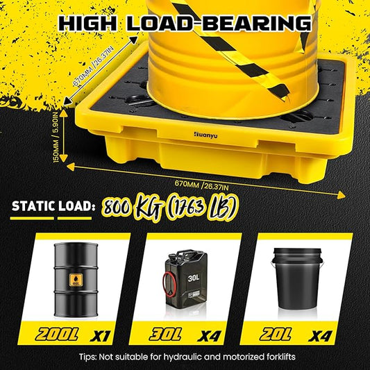 Huanyu Spill Containment Pallet Modular Spill Containment Tray Platform with Drain Outlet 1 Drum Capacity 200L 26.4 x 26.4 x 6 Inches Load 800kg 1763lb (3 Pcs)