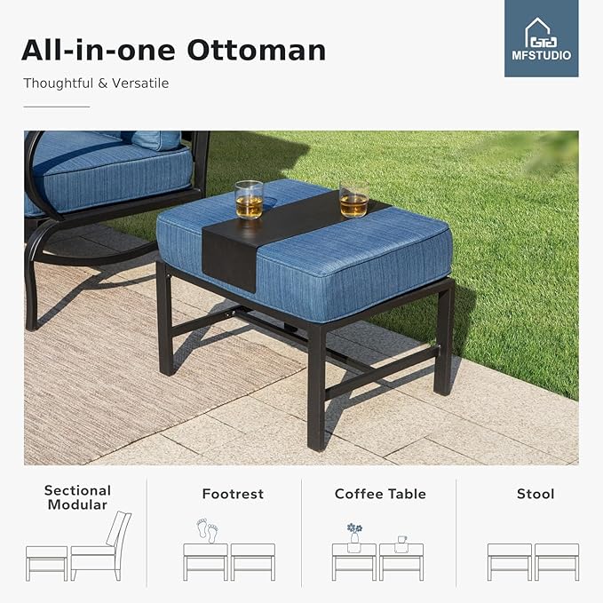 MFSTUDIO 6 Pieces Patio Furniture Sets with 45" Gas Fire Pit Table(Up to 7 Seat),Outdoor Metal Frame Patio Conversation Sofas with 1 x 3-Seat Sofa, 2 Swivel Chairs and 2 Ottoman, Peacock Blue Cushion