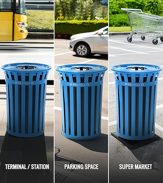 Alpine Commercial Outdoor Trash Can - 38 Gallon Heavy Duty Blue Recycle Garbage Can with Liner, Open Top Lid, All Weather Resistant Large Outside Trash Can for Parks, Parking, School