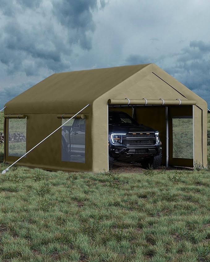 13x20 Ft Carport, Heavy Duty Portable Garage with Roll-Up Doors & 4 Windows,200g PE Tarp Waterproof & UV Protected,All-Weather Design,for Car, Boat, Truck, Motorcycle, ATVs, and SUV