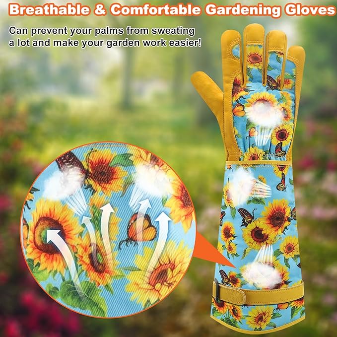 DLY Gardening Gloves for Women, Rose Gloves Gardening Thorn Proof, Long Garden Gloves for Women, Breathable Cowhide Leather Gauntlet (X-Large, Blue)