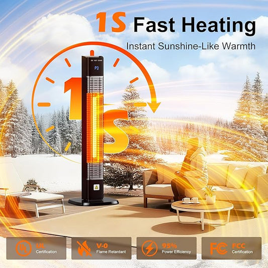 Patio Heater,1500W Outdoor Heater with 3 Heat Levels,Quiet Operation,Carbon Fiber Heating Tube, Remote,24H Timer, Tip-Over & Overheat Protection,Electric Heaters for Garage,Backyard,Porch Black